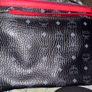 MCM Black Monogram Leather crossbody bag with Red Trim